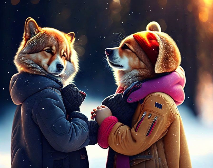 Two dogs in winter outfits holding hands in snow.