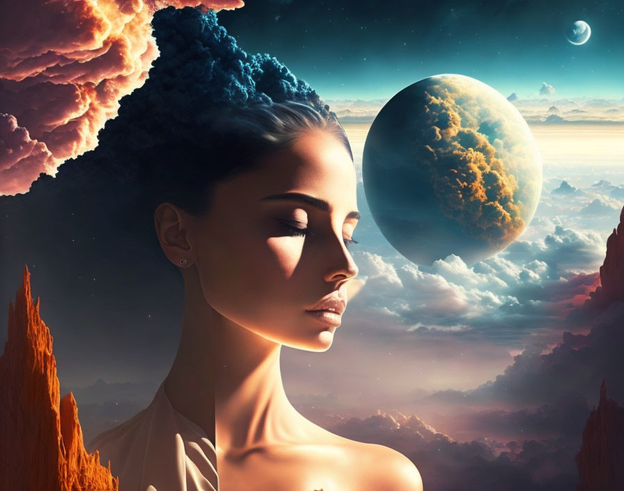 Surreal portrait merging woman's face with cosmic landscape