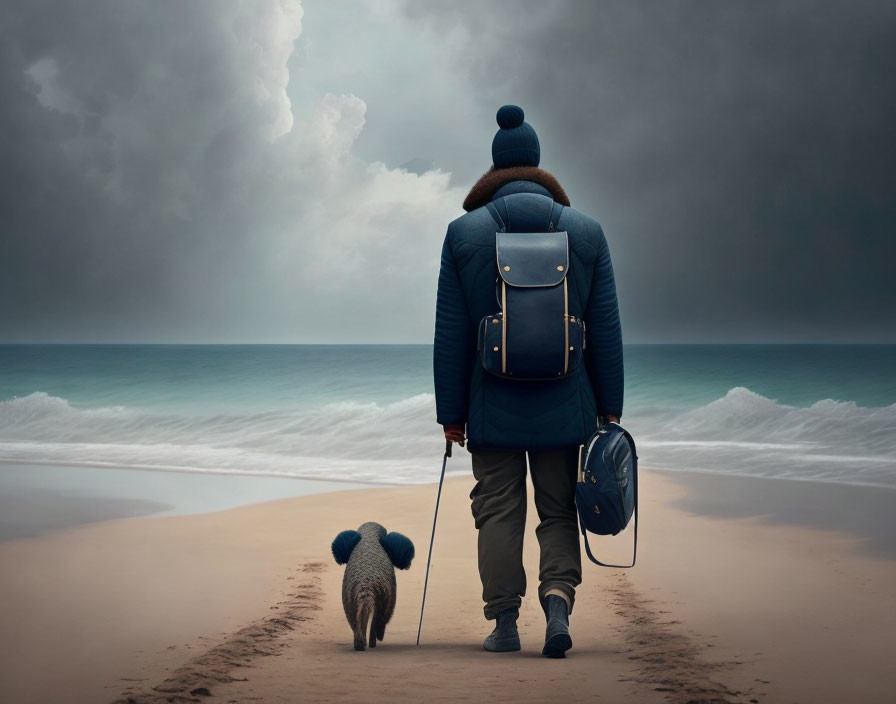 Person in Winter Jacket Walking Small Dog on Stormy Beach