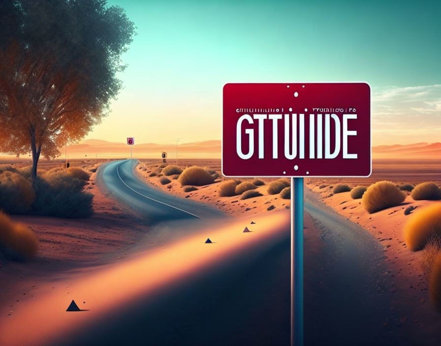 Red Road Sign with "Gratitude" in Desert Twilight