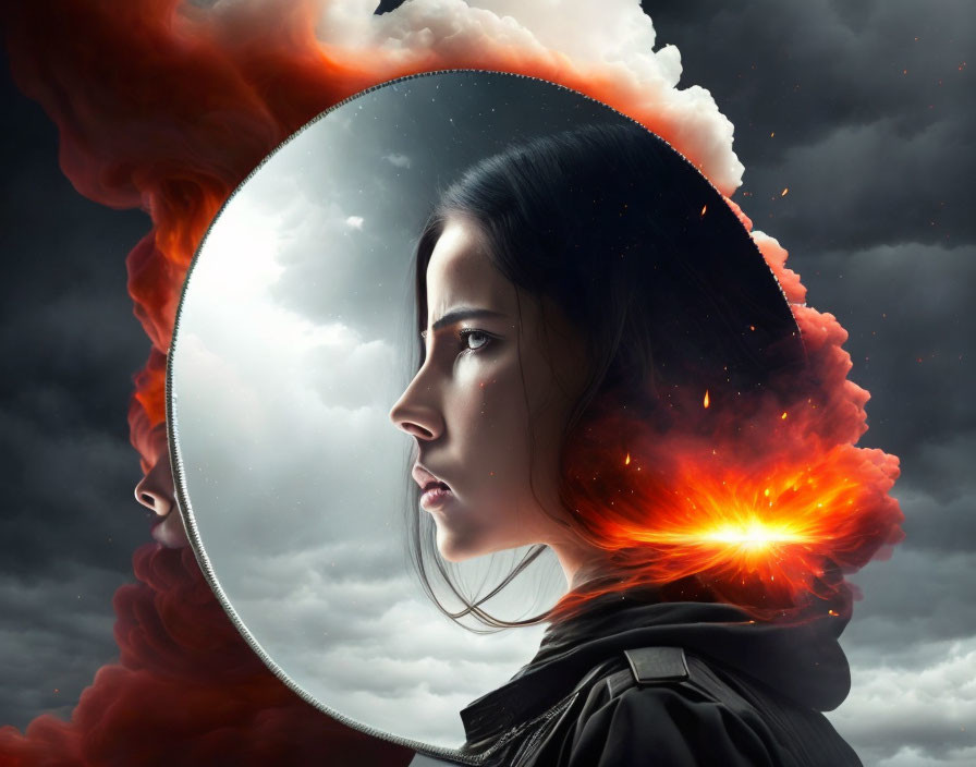 Surreal image of woman's face reflected in mirror with fiery background