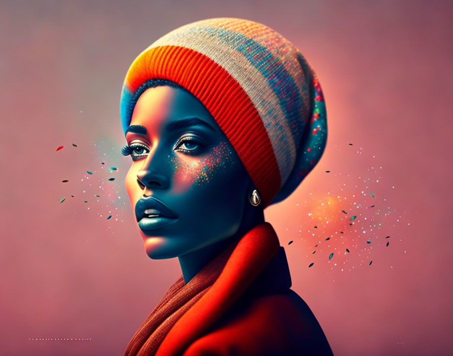 Portrait of a woman with blue eyes, beanie, and red scarf with dispersion effect