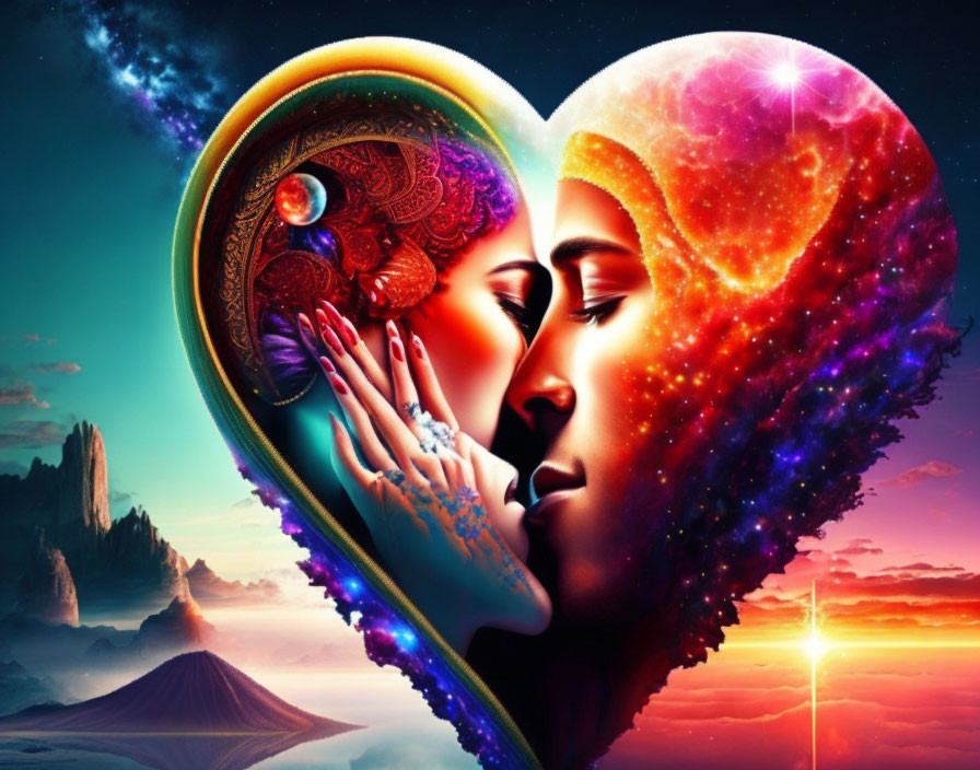 Colorful Heart-Shaped Artwork with Cosmic and Earthly Designs