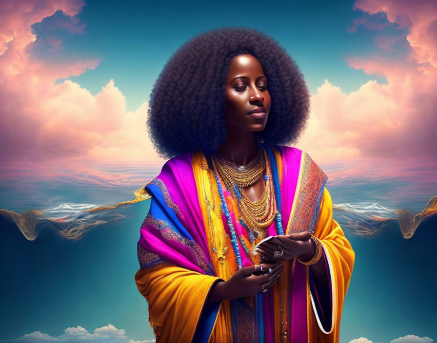 Poised woman with voluminous afro in vivid garments under whimsical sky