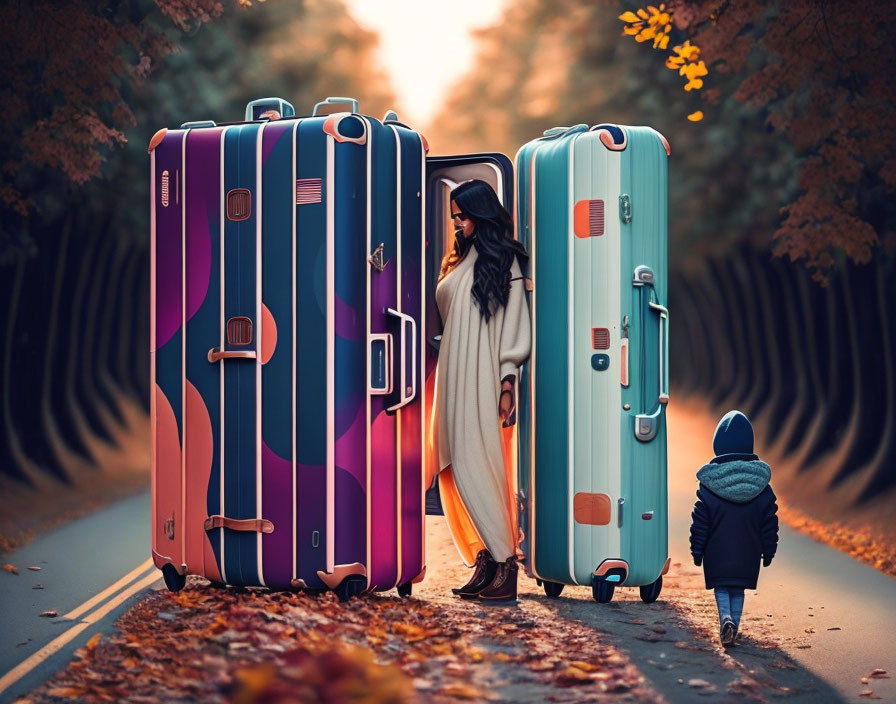 Autumn scene with oversized suitcases on tree-lined path.