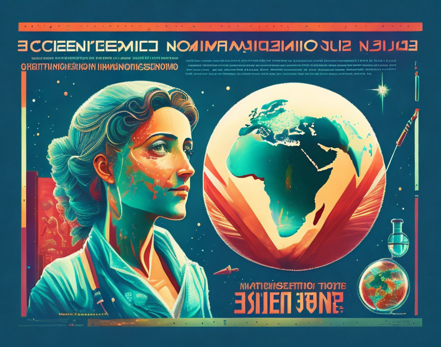 Stylized retro-futuristic poster with woman, Earth, rocket, DNA, cells, and