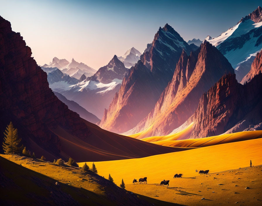 Majestic landscape with sand dunes, wild animals, snowy mountains, and sunset sky