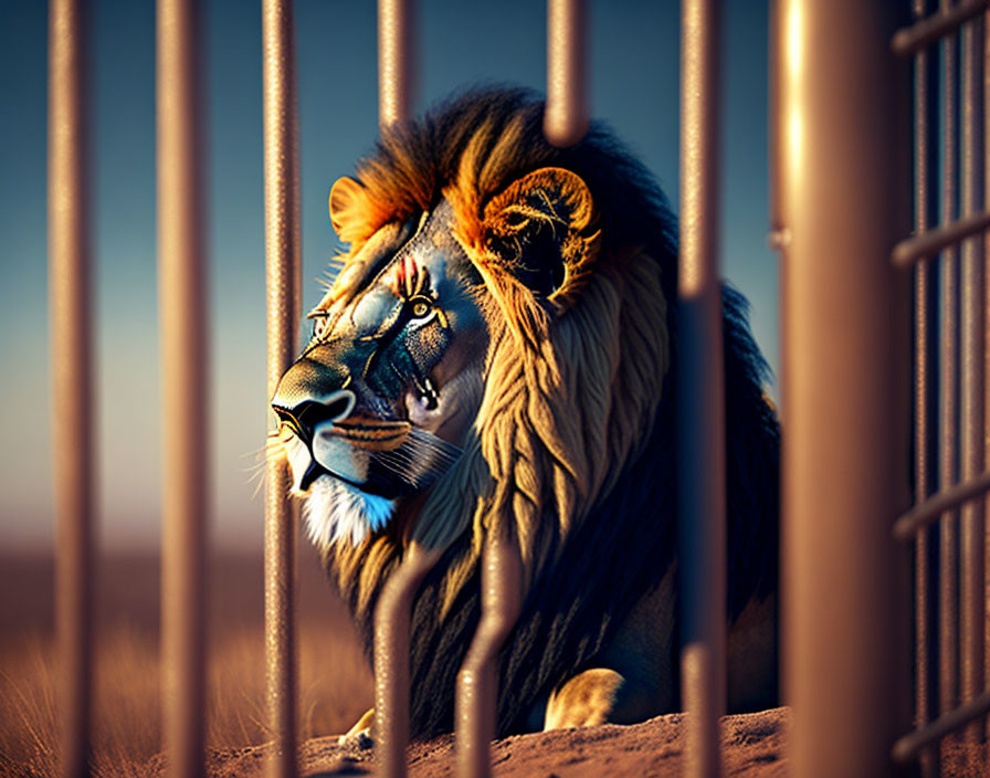 Majestic lion in golden light behind bars