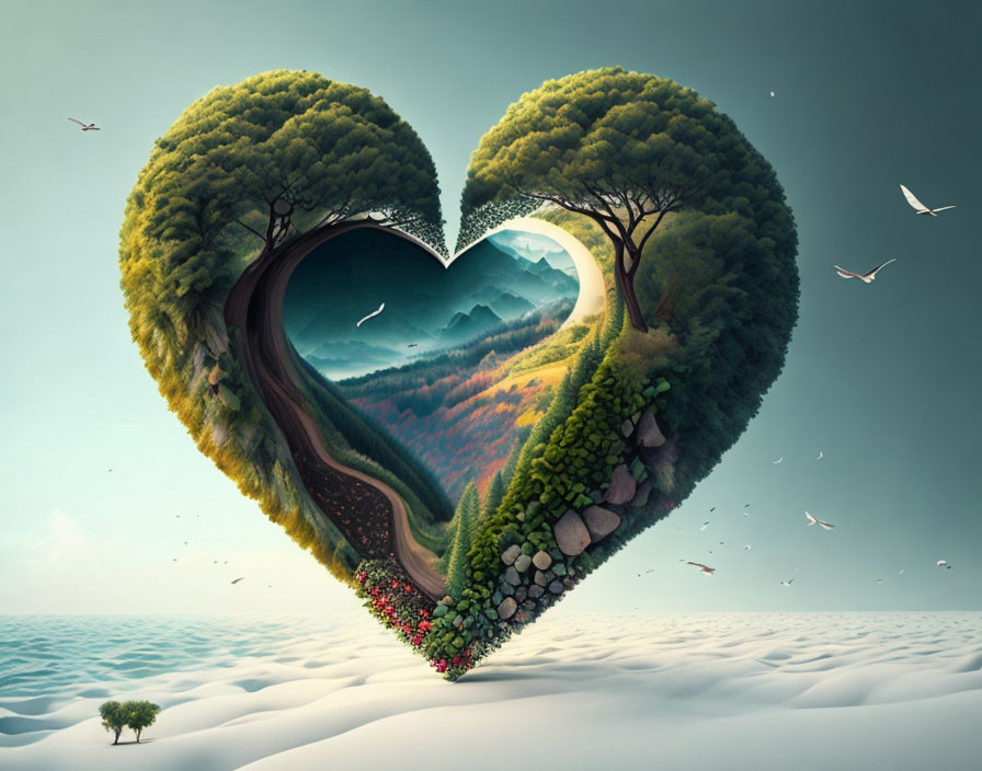 Heart-shaped opening in lush green landscape with road, trees, birds, and sandy surroundings