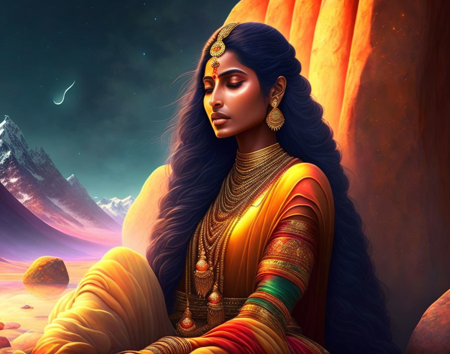 Traditional Indian jewelry and attire on woman against twilight sky and mountains