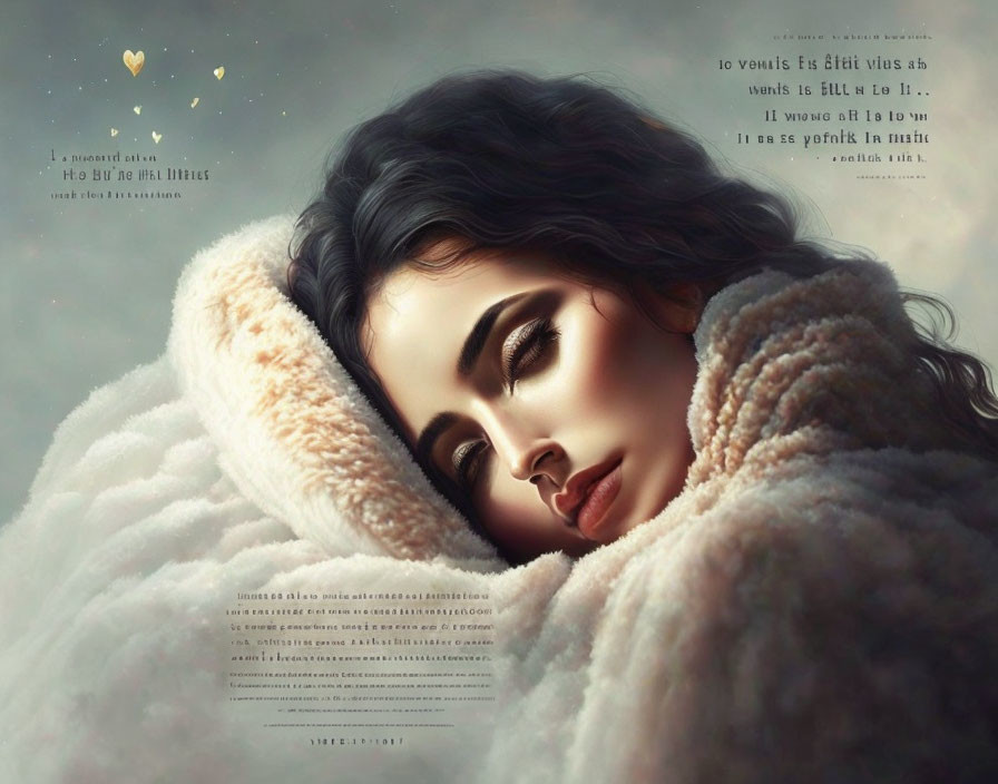 Dark-haired woman sleeping peacefully in a fluffy white blanket with glowing hearts and text overlays