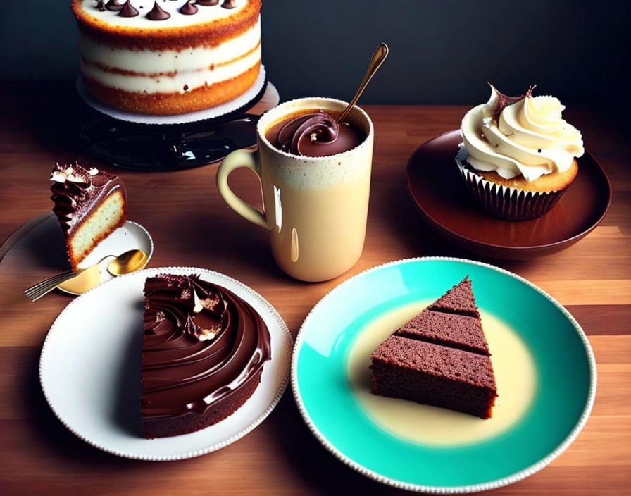 Assorted desserts: layered cake, chocolate slice, cupcake, chocolate spoon mug