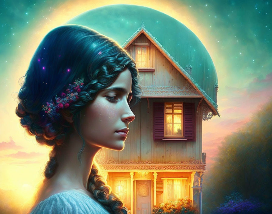 Fantastical portrait of a serene woman with floral hair adornments and whimsical house under starry