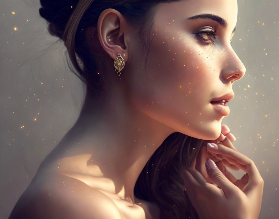 Digital illustration of woman with glowing freckles and starry backdrop