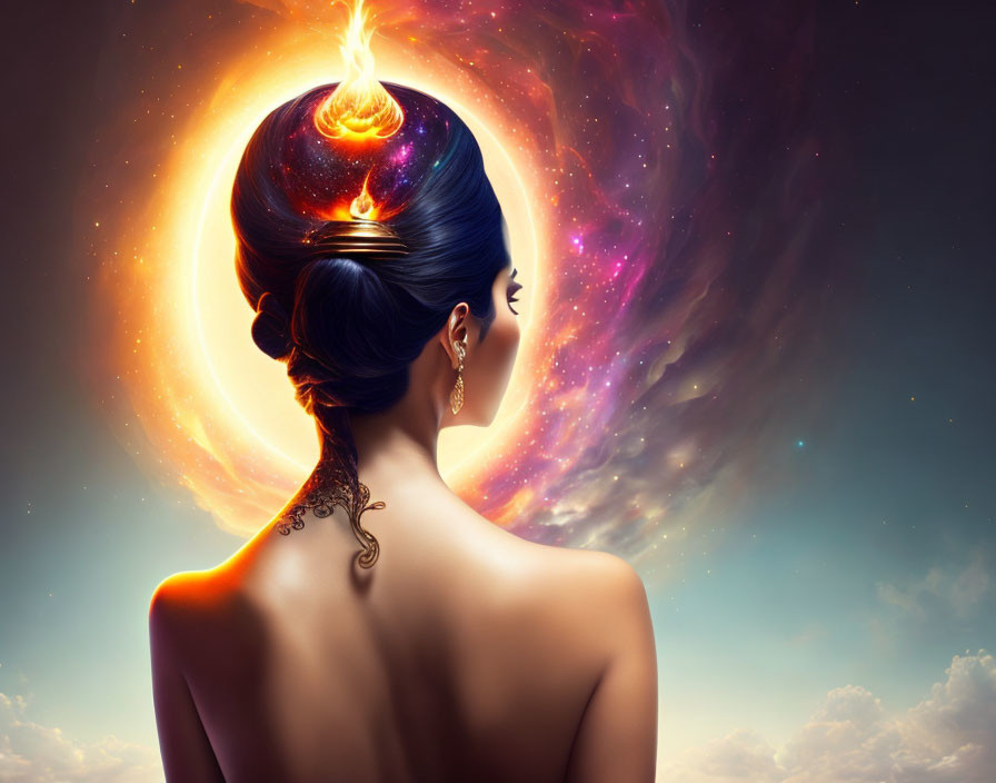 Surreal image: Woman with flame on head, universe-themed hair merger