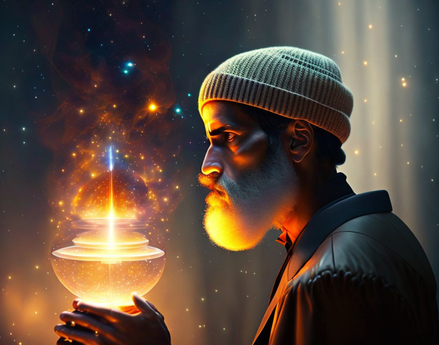 Profile of man in beanie holding glowing orb in cosmic scene