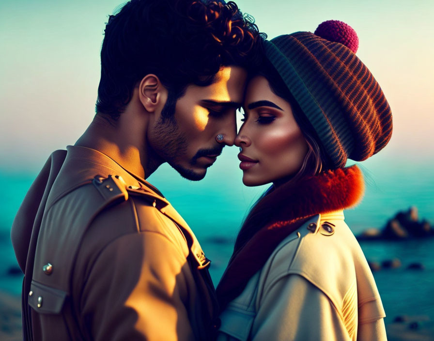 Stylized illustration of intimate couple in trench coat and beanie at dusk