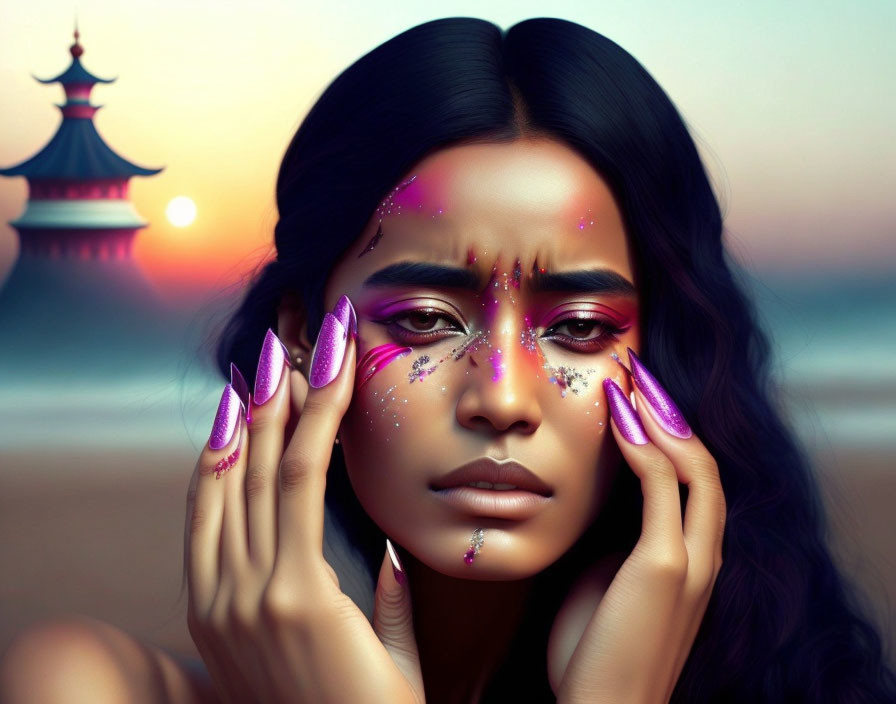 Fantasy-inspired makeup woman with pink nails in sunrise pagoda scene