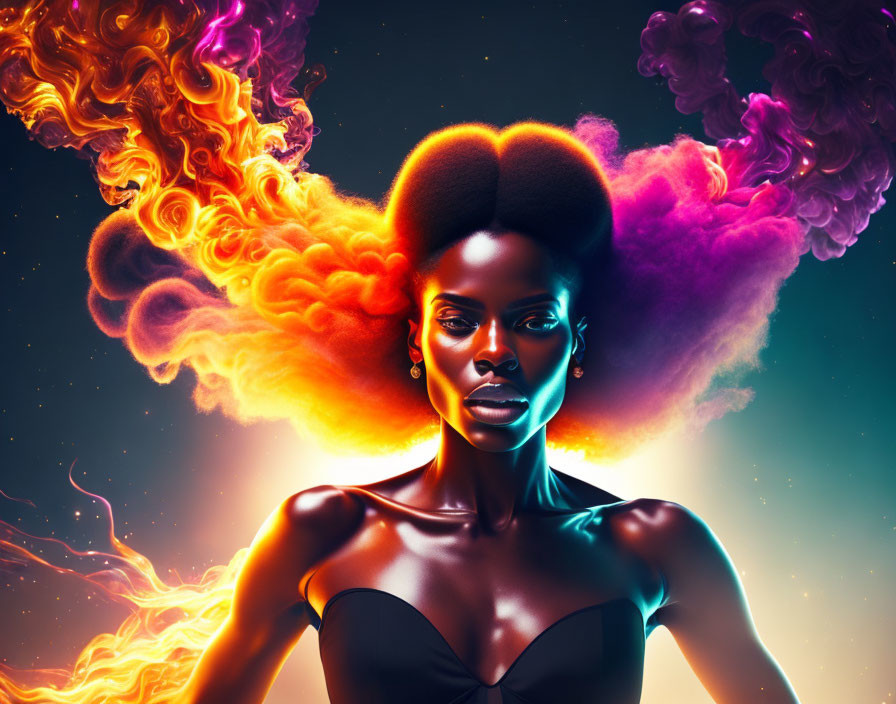 Colorful digital artwork: Woman with afro in vibrant orange and purple smoke patterns