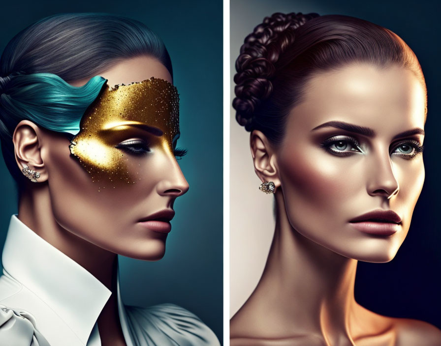 Contrasting makeup styles: Blue and gold theme vs. natural and elegant portrait