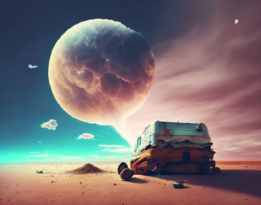 Surreal desert landscape with dilapidated van under massive moon