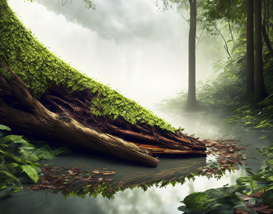 Tranquil forest landscape with moss-covered tree trunk and reflective water.