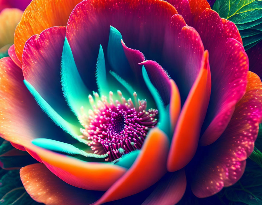 Colorful digitally enhanced flower with teal, pink, and orange gradient among green leaves