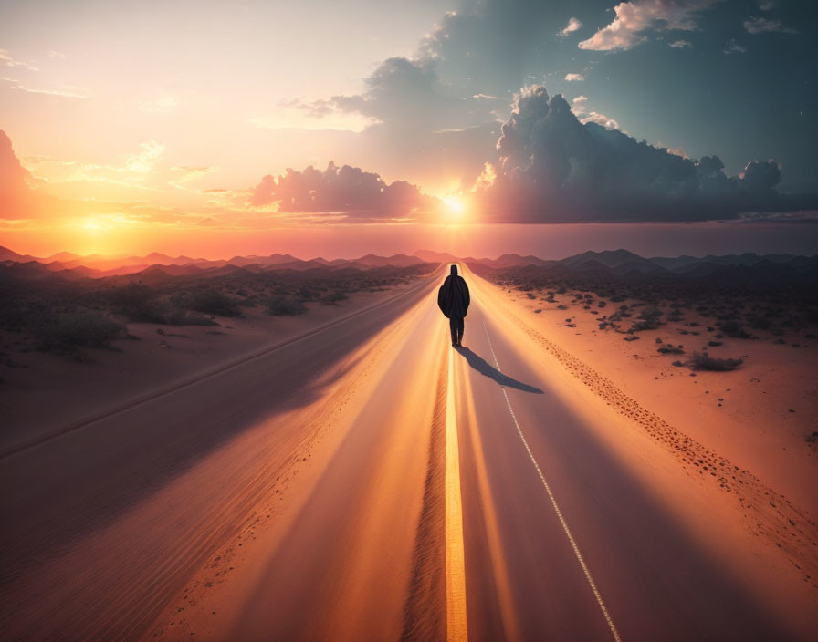 Person facing radiant desert sunset casting long shadow over dunes