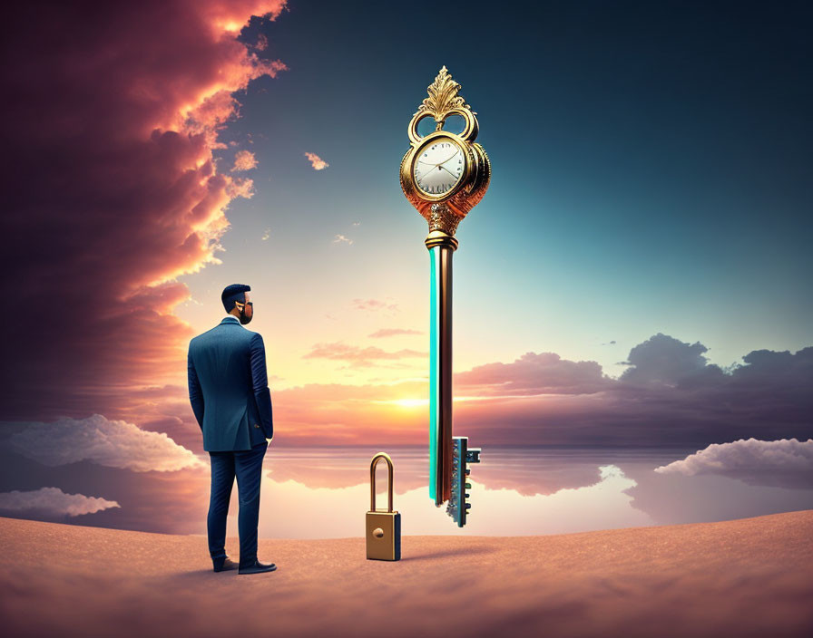 Person in desert with giant key and clock padlock under dusk sky