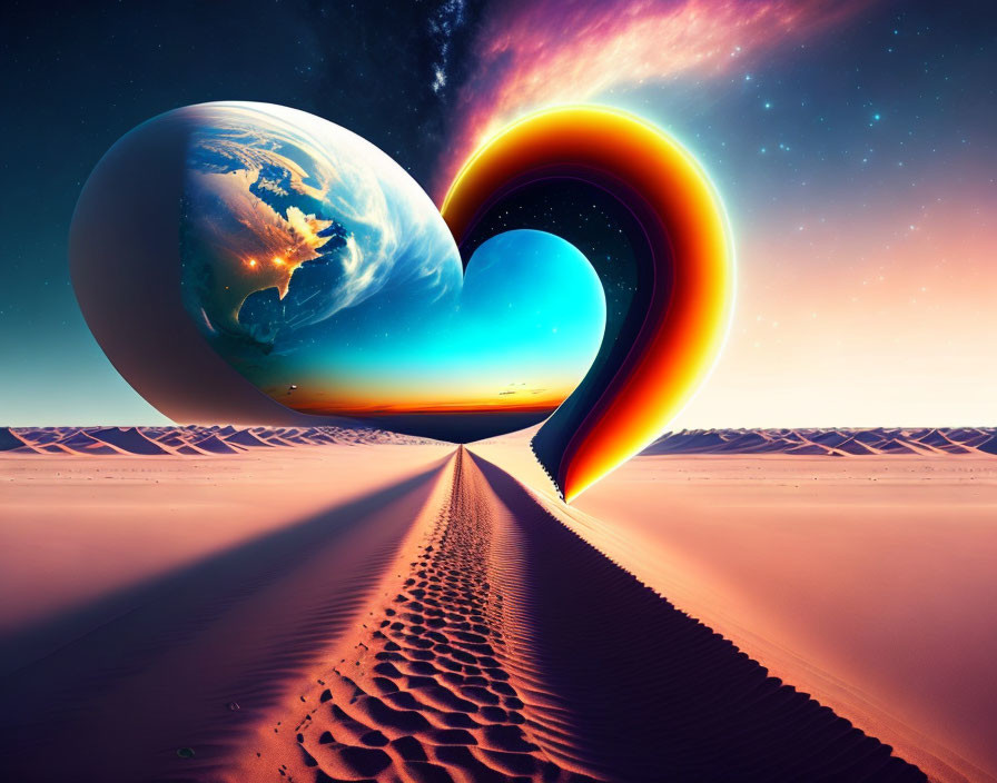 Surreal landscape with heart-shaped portal blending desert and cosmic scenery