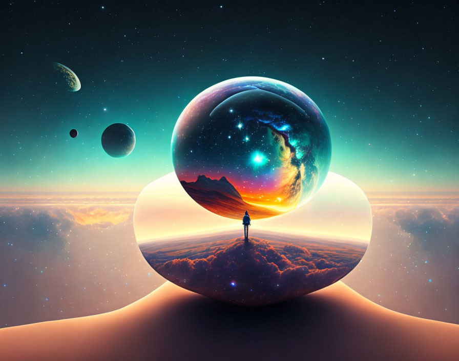 Person observing reflective sphere showing Earth, space, colorful nebula, and planets