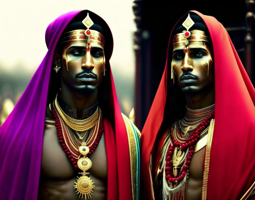 Two people in vibrant traditional attire with gold jewelry on dark background