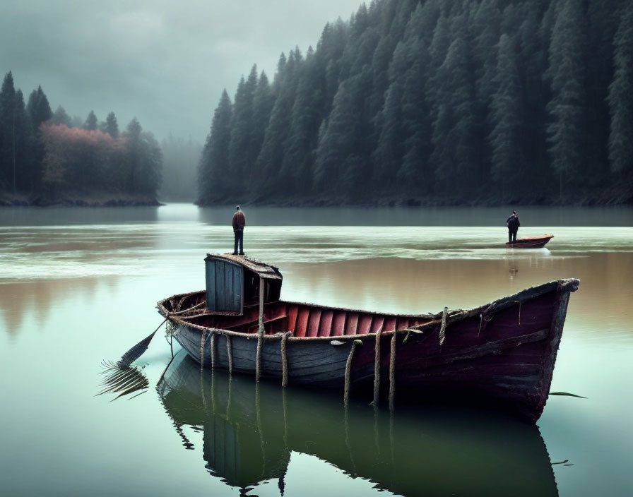 Tranquil lake scene with abandoned boat and distant figure amid dark evergreen trees