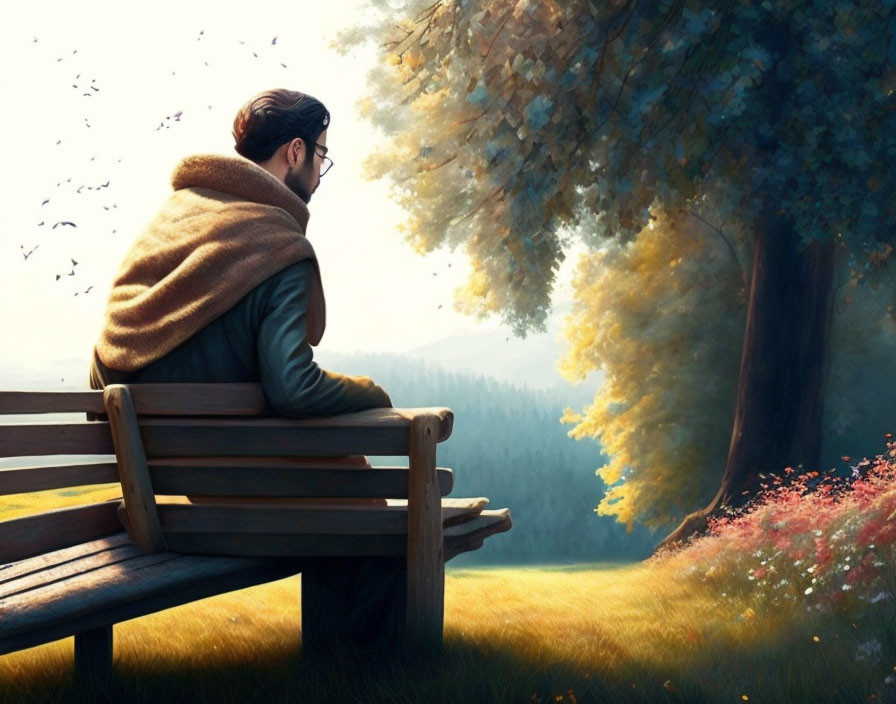 Person sitting on park bench admiring serene landscape