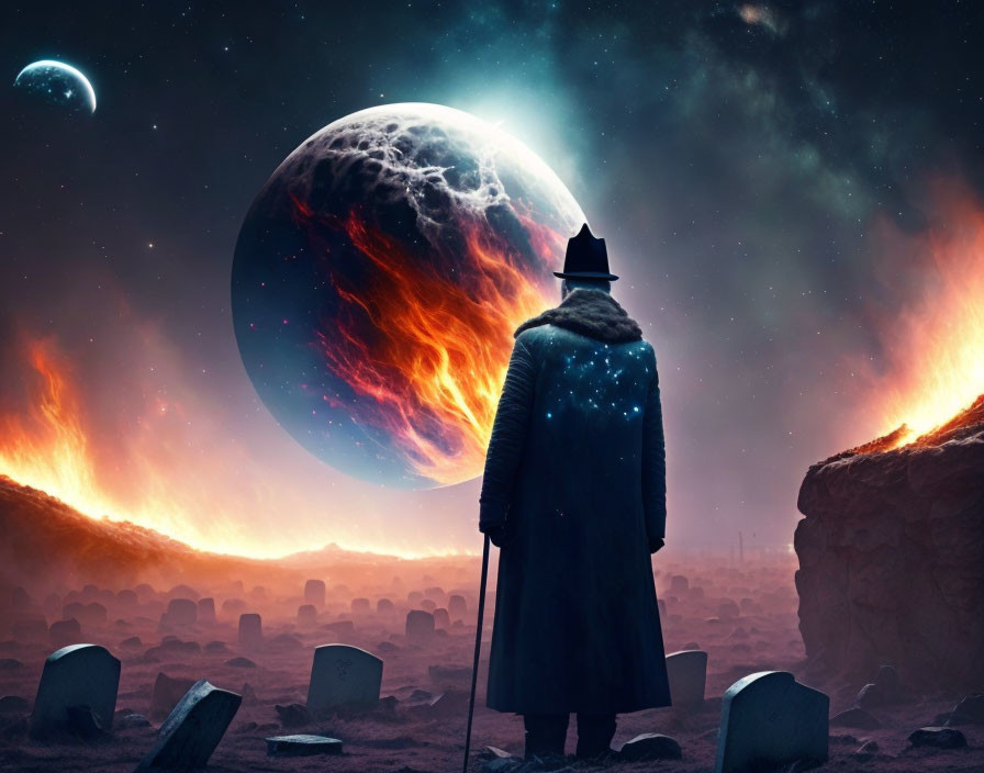 Figure in cloak in graveyard on desolate planet gazes at flaming celestial body.