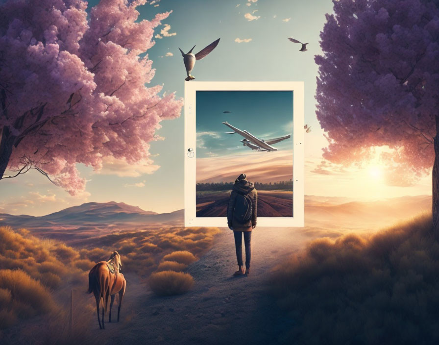 Person with backpack watching plane between pink trees and surreal landscape.