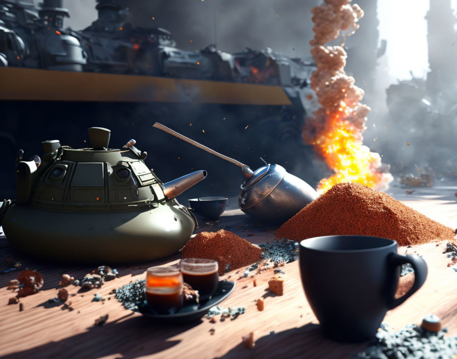 Surreal battlefield with tank-shaped teapot and coffee cup