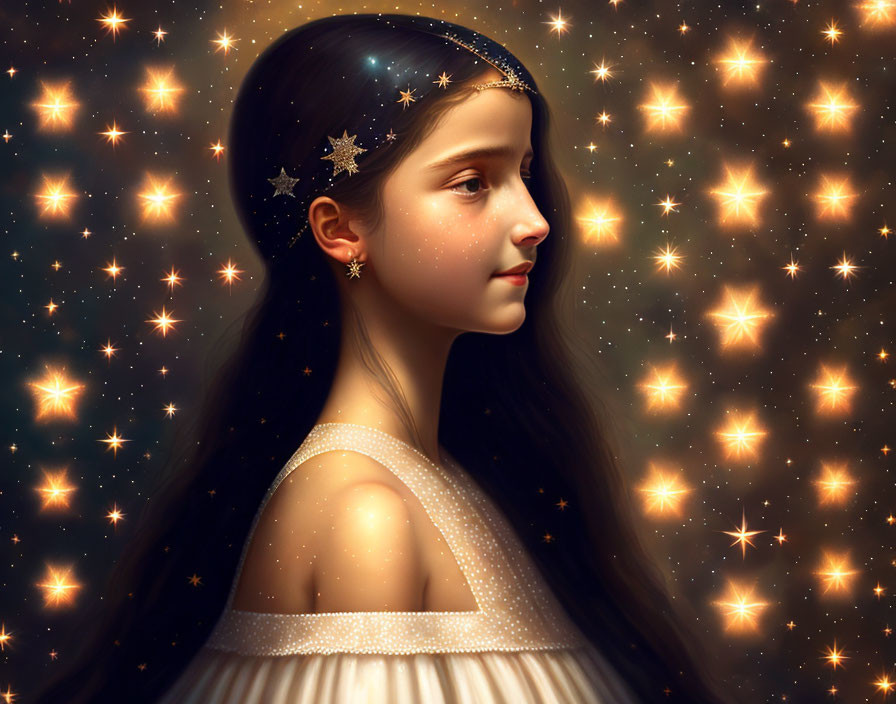 Young girl in starry headband gazes among glowing stars