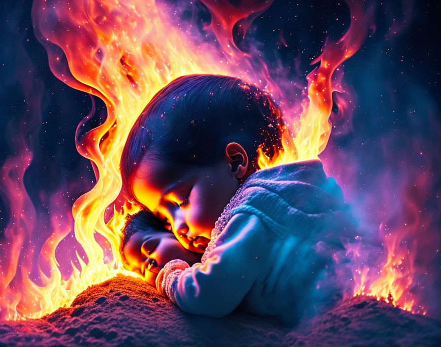 Children hugging in fiery, fantastical dream setting