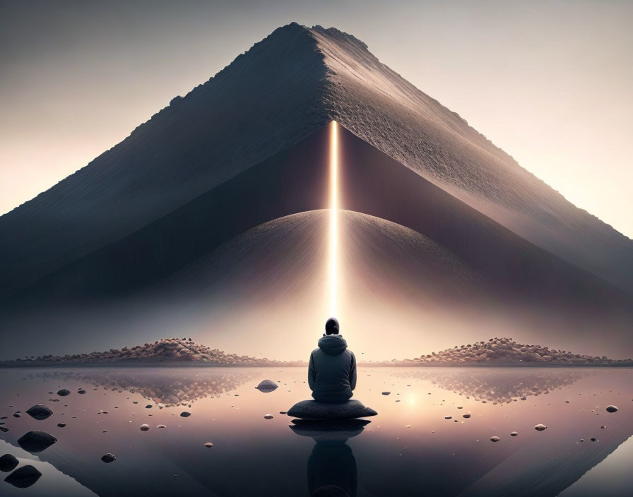 Person meditates by rock near radiant pyramid with light beam, reflecting on still water under dim sky