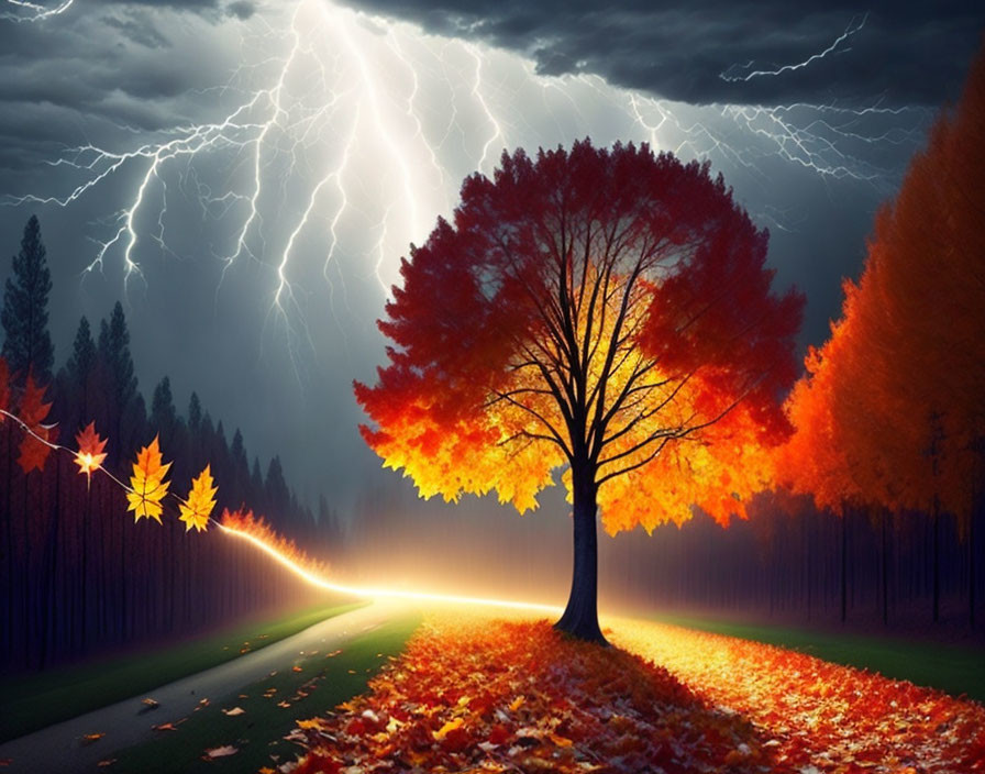 Vibrant autumn tree on path with scattered red and orange leaves under stormy sky