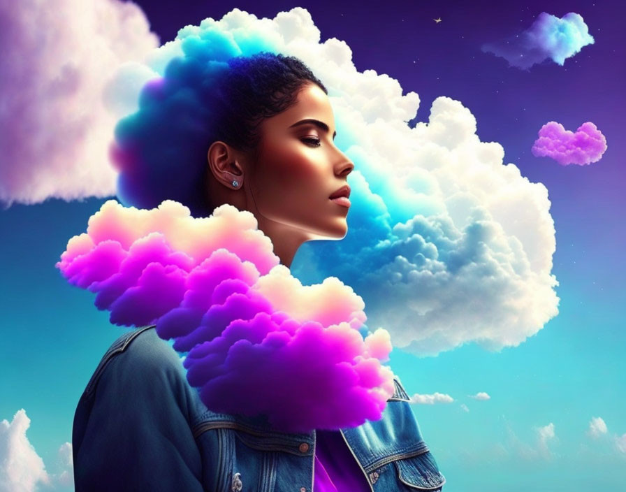 Woman with Vibrant Pink and Blue Cloud-like Hair Profile on Sky Background