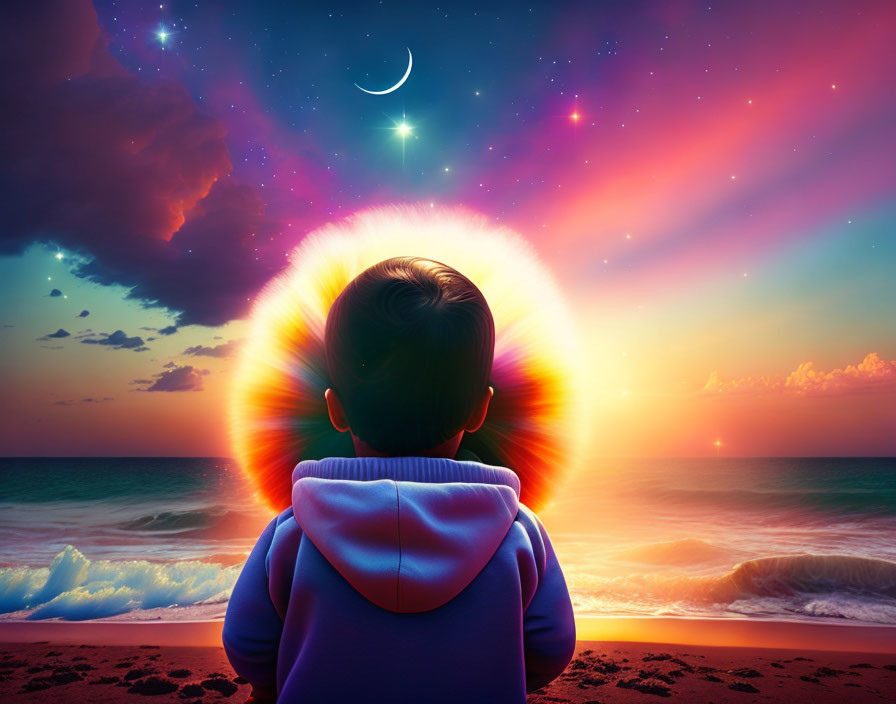 Toddler admires vibrant night sky by the sea