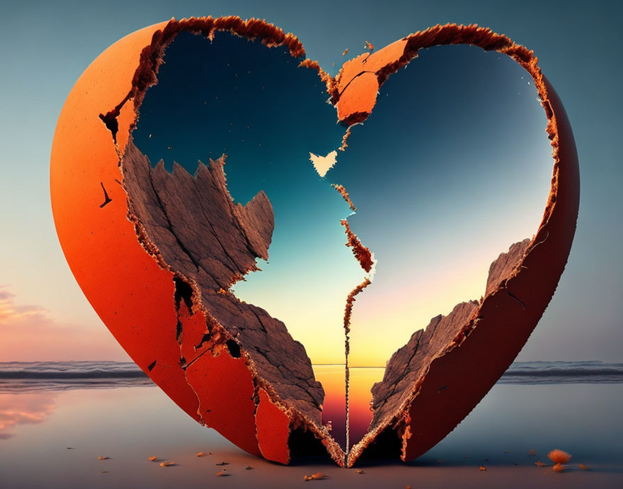 Heart-shaped object shattered on beach at sunset, reflecting sky in water.