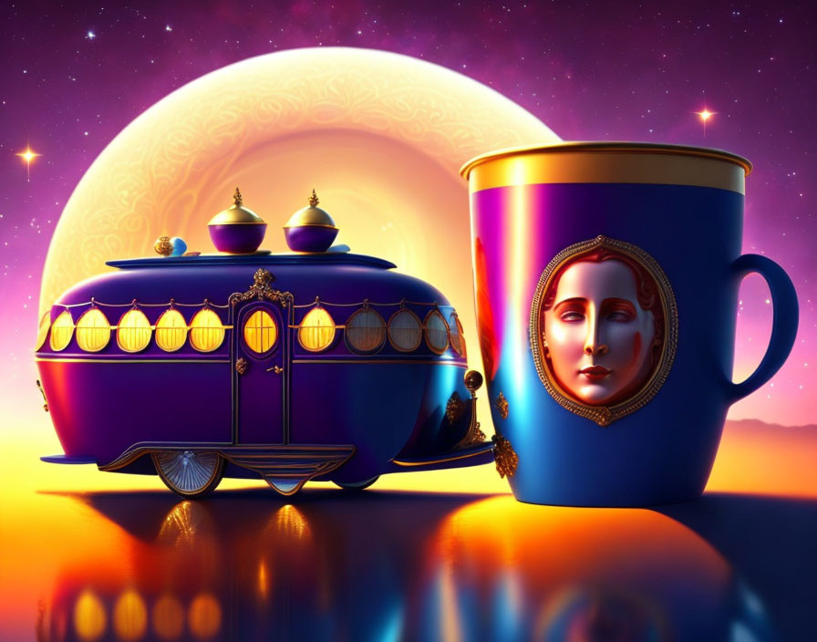 Fantasy teapot carriage and decorative cup illustration in twilight landscape