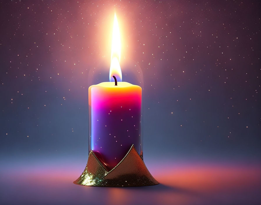 Colorful Candle with Bright Flame and Glitter on Starry Background