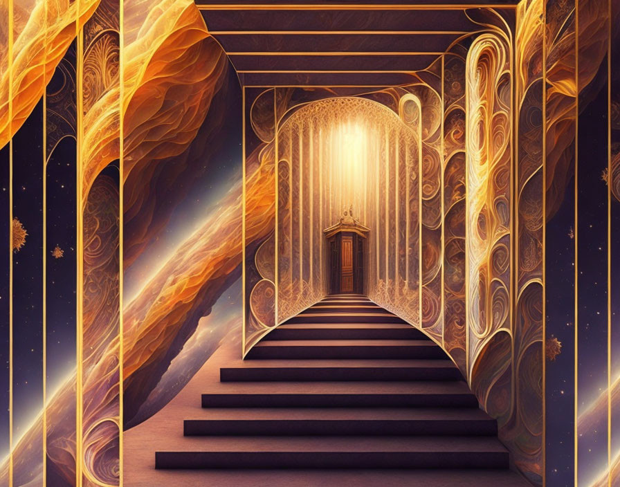 Fantastical golden corridor with illuminated door and celestial elements