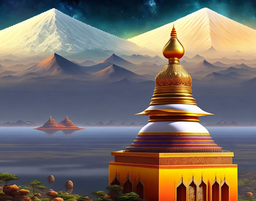 Intricate Golden Pagoda in Mystical Landscape