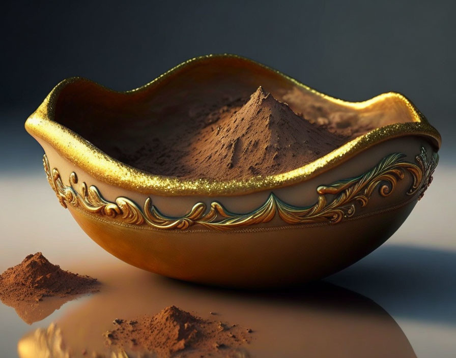 Golden Decorative Bowl with Sand on Reflective Surface