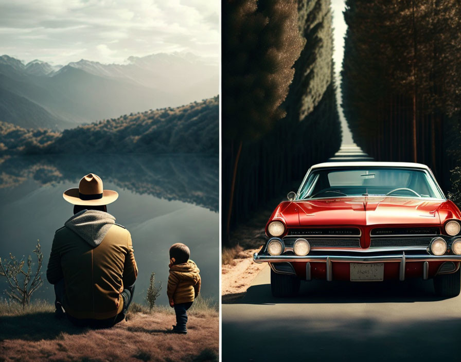 Image split: adult and child face mountains; red car on tree-lined road.